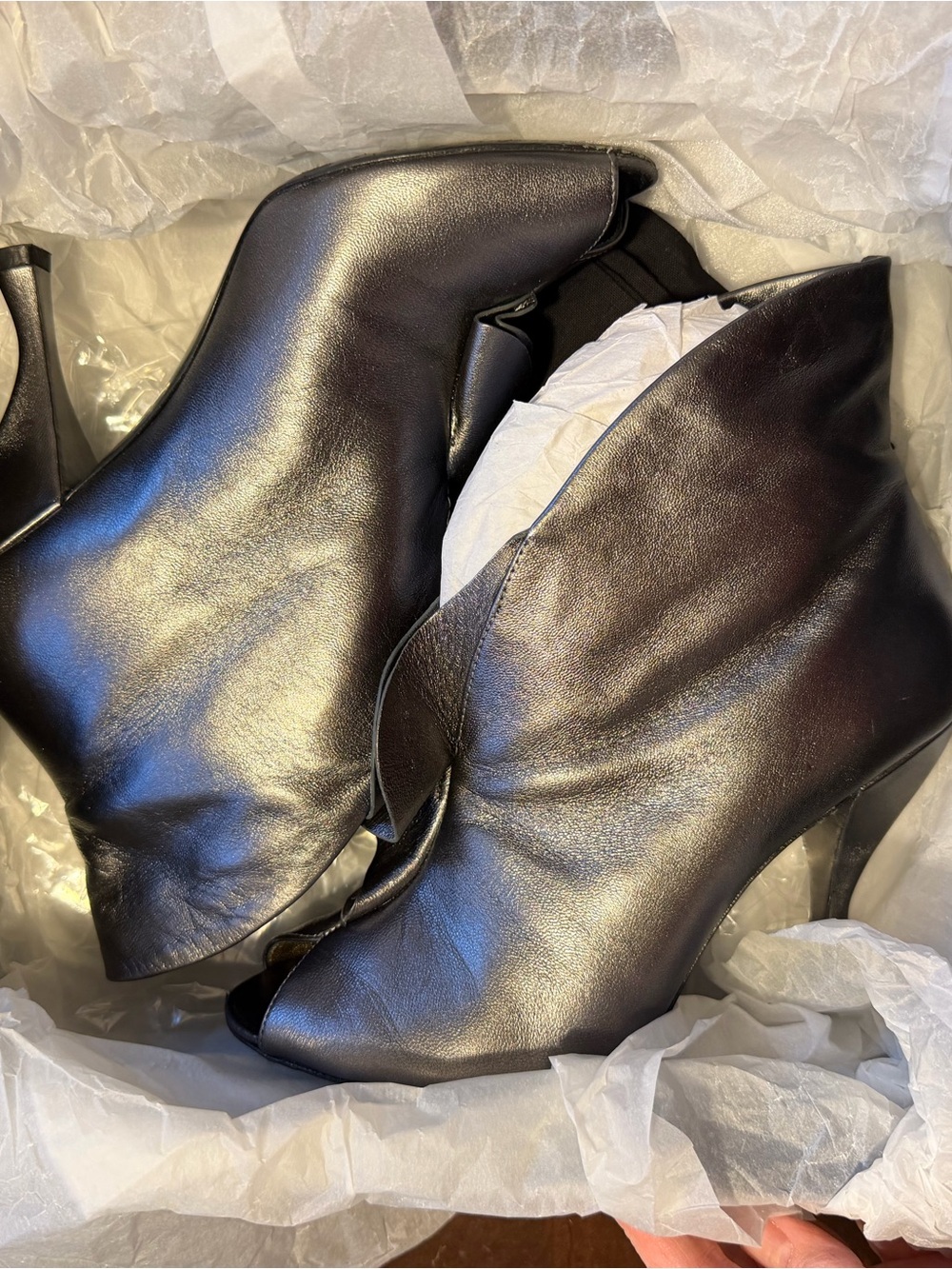 Marc By Marc Jacobs Metallic Anthracite Napa Ruffle Peep-Toe Ankle Booties